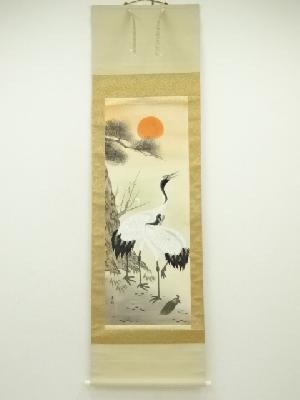 秀城筆　松竹梅鶴亀　肉筆絹本掛軸（保護箱）